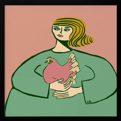 A stylized illustration of a woman with wavy, striped blonde hair wearing a loose green tunic. She is cradling a pink chicken in her arms against a muted pink, patterned background. The artwork is displayed in a light wood frame. Poster