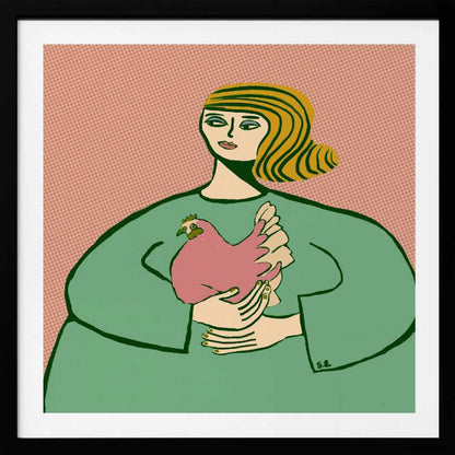 A stylized illustration of a woman with wavy, striped blonde hair wearing a loose green tunic. She is cradling a pink chicken in her arms against a muted pink, patterned background. The artwork is displayed in a light wood frame. Poster