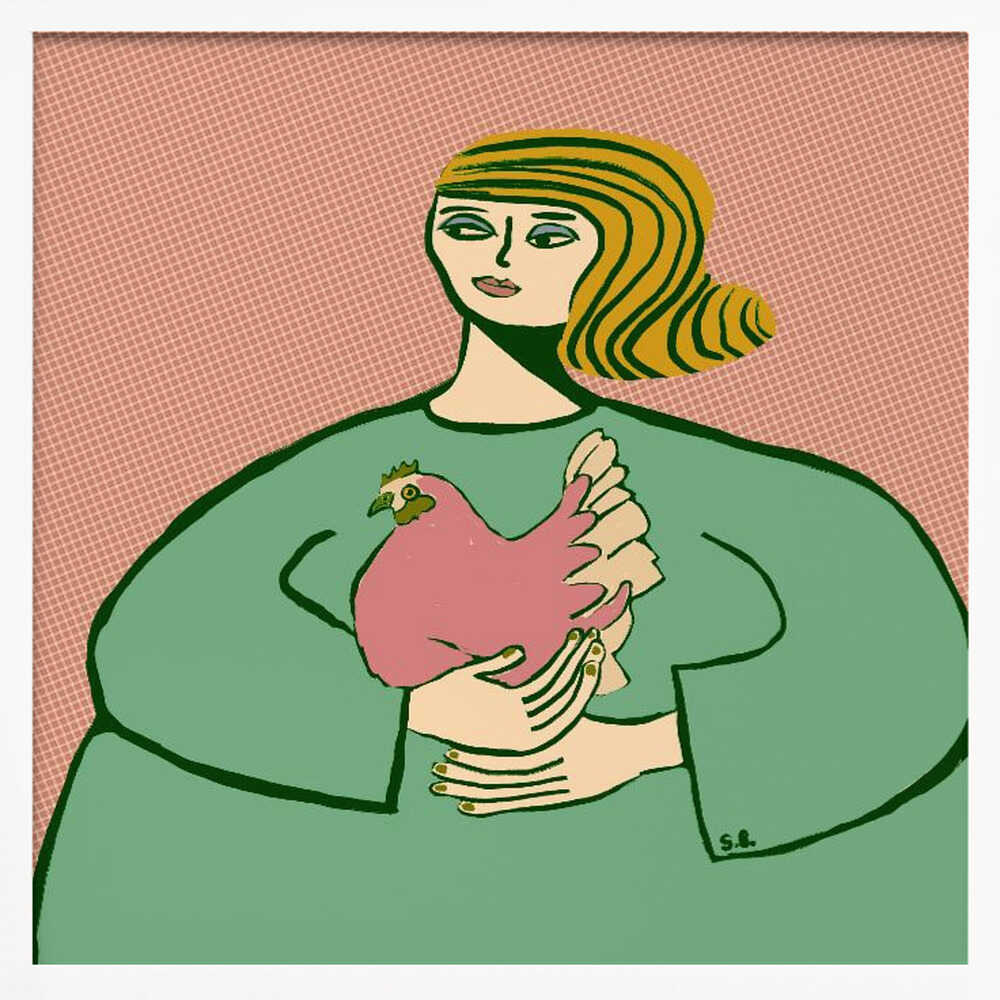 A stylized illustration of a woman with wavy, striped blonde hair wearing a loose green tunic. She is cradling a pink chicken in her arms against a muted pink, patterned background. The artwork is displayed in a light wood frame. Poster