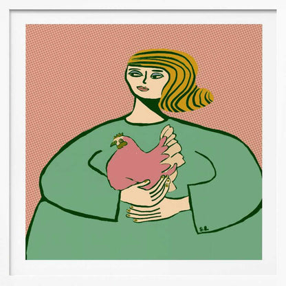 A stylized illustration of a woman with wavy, striped blonde hair wearing a loose green tunic. She is cradling a pink chicken in her arms against a muted pink, patterned background. The artwork is displayed in a light wood frame. Poster
