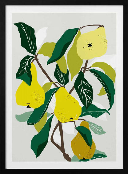 A modern graphic illustration of a pear tree branch heavy with ripe yellow pears. The composition features bold dark green and lighter green leaves against a soft, light grey background, all enclosed in a thin black frame. Artwork