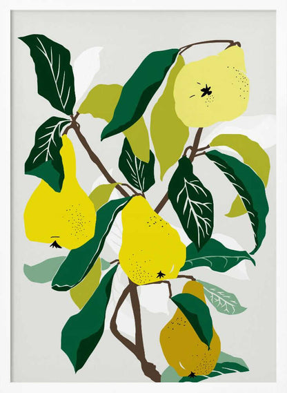 A modern graphic illustration of a pear tree branch heavy with ripe yellow pears. The composition features bold dark green and lighter green leaves against a soft, light grey background, all enclosed in a thin black frame. Artwork