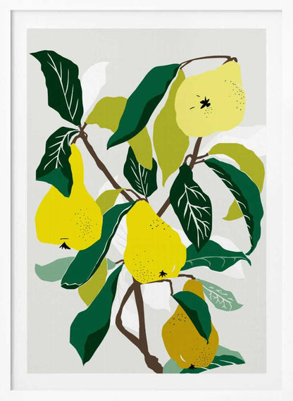 A modern graphic illustration of a pear tree branch heavy with ripe yellow pears. The composition features bold dark green and lighter green leaves against a soft, light grey background, all enclosed in a thin black frame. Artwork