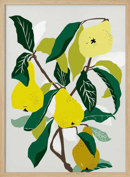 A modern graphic illustration of a pear tree branch heavy with ripe yellow pears. The composition features bold dark green and lighter green leaves against a soft, light grey background, all enclosed in a thin black frame. Artwork