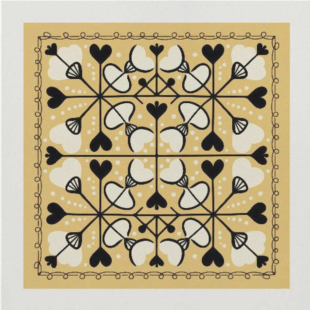 A framed square art print with a symmetrical folk art pattern on a mustard yellow background. The intricate black and white design features repeating heart and floral-like motifs, enclosed by a hand-drawn looped border. Poster