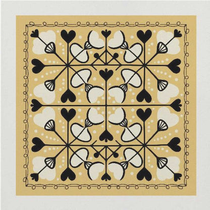A framed square art print with a symmetrical folk art pattern on a mustard yellow background. The intricate black and white design features repeating heart and floral-like motifs, enclosed by a hand-drawn looped border. Poster