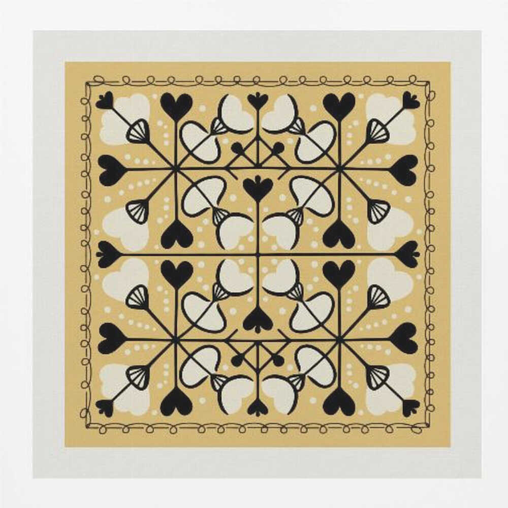 A framed square art print with a symmetrical folk art pattern on a mustard yellow background. The intricate black and white design features repeating heart and floral-like motifs, enclosed by a hand-drawn looped border. Poster