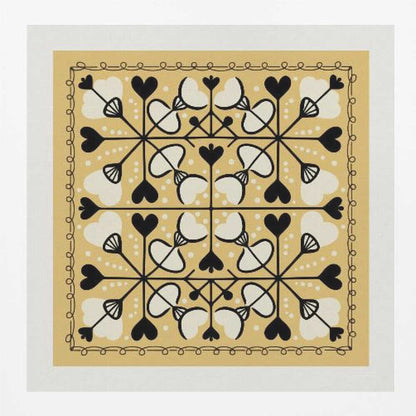 A framed square art print with a symmetrical folk art pattern on a mustard yellow background. The intricate black and white design features repeating heart and floral-like motifs, enclosed by a hand-drawn looped border. Poster