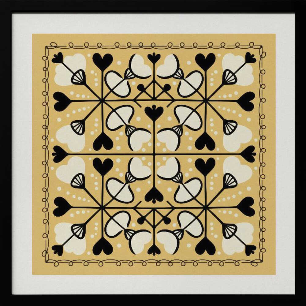 A framed square art print with a symmetrical folk art pattern on a mustard yellow background. The intricate black and white design features repeating heart and floral-like motifs, enclosed by a hand-drawn looped border. Poster