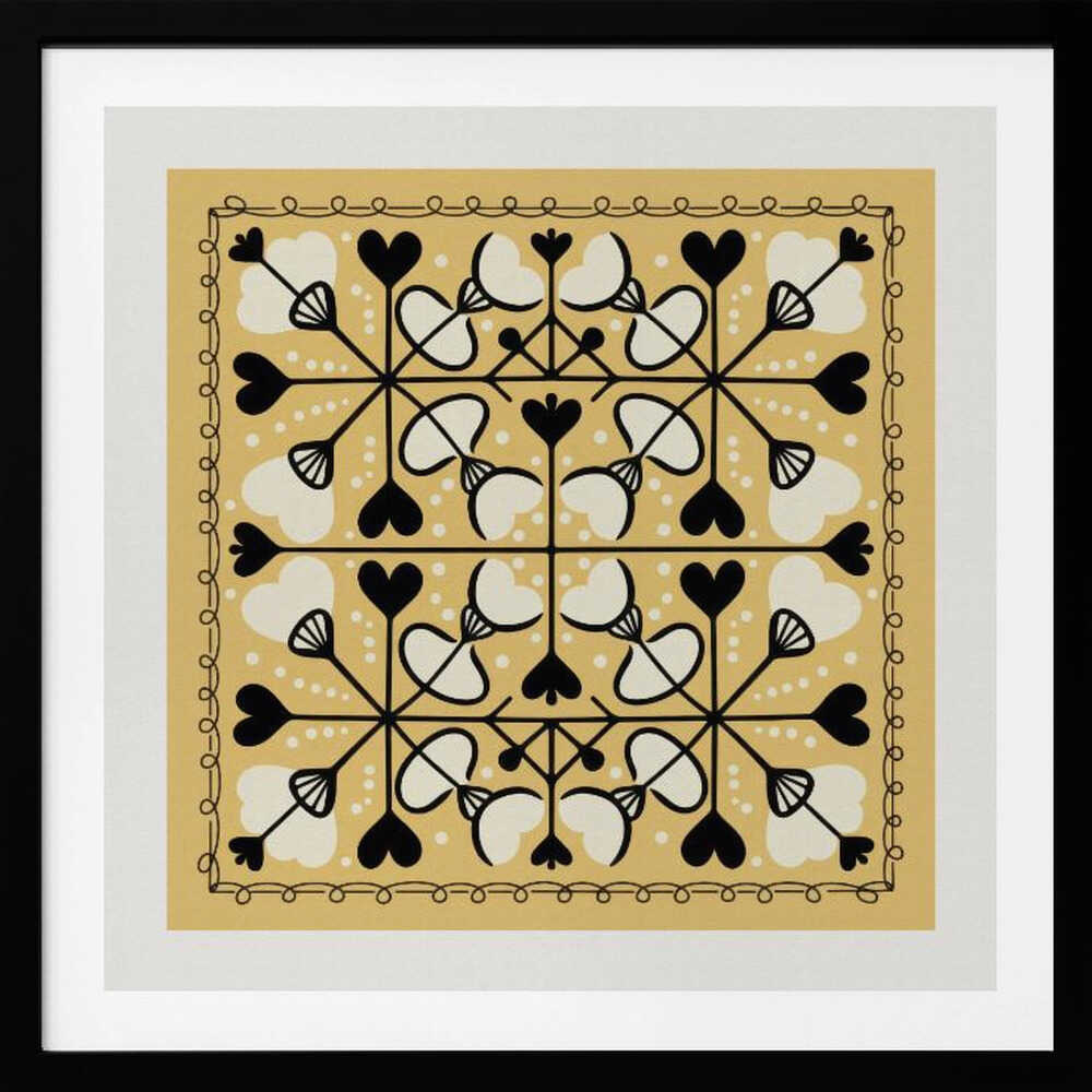 A framed square art print with a symmetrical folk art pattern on a mustard yellow background. The intricate black and white design features repeating heart and floral-like motifs, enclosed by a hand-drawn looped border. Poster