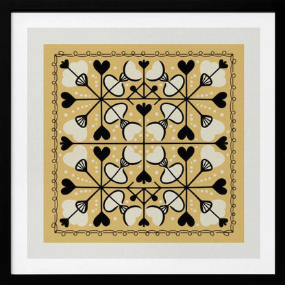 A framed square art print with a symmetrical folk art pattern on a mustard yellow background. The intricate black and white design features repeating heart and floral-like motifs, enclosed by a hand-drawn looped border. Poster