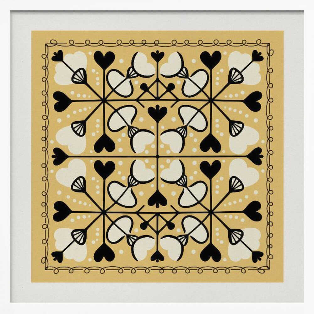 A framed square art print with a symmetrical folk art pattern on a mustard yellow background. The intricate black and white design features repeating heart and floral-like motifs, enclosed by a hand-drawn looped border. Poster