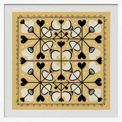 A framed square art print with a symmetrical folk art pattern on a mustard yellow background. The intricate black and white design features repeating heart and floral-like motifs, enclosed by a hand-drawn looped border. Poster