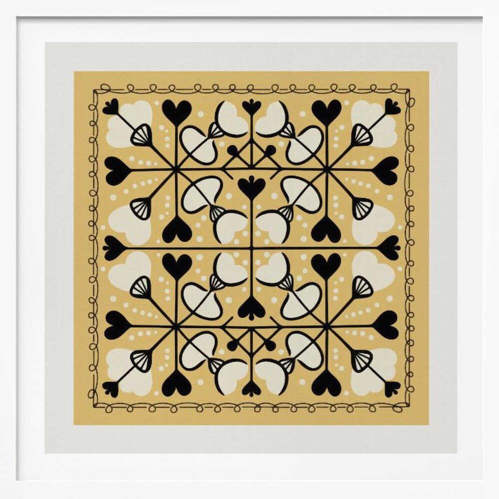 A framed square art print with a symmetrical folk art pattern on a mustard yellow background. The intricate black and white design features repeating heart and floral-like motifs, enclosed by a hand-drawn looped border. Poster