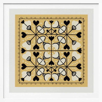 A framed square art print with a symmetrical folk art pattern on a mustard yellow background. The intricate black and white design features repeating heart and floral-like motifs, enclosed by a hand-drawn looped border. Poster