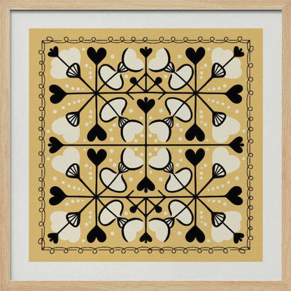 A framed square art print with a symmetrical folk art pattern on a mustard yellow background. The intricate black and white design features repeating heart and floral-like motifs, enclosed by a hand-drawn looped border. Poster