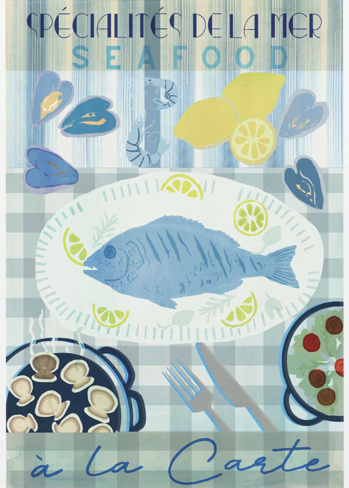 A vintage-style illustrated poster advertising seafood with French text. It features a platter with a whole blue fish and lemon slices on a blue and white checkered tablecloth, surrounded by mussels, shrimp, lemons, a pan of scallops, and a salad. Artwork