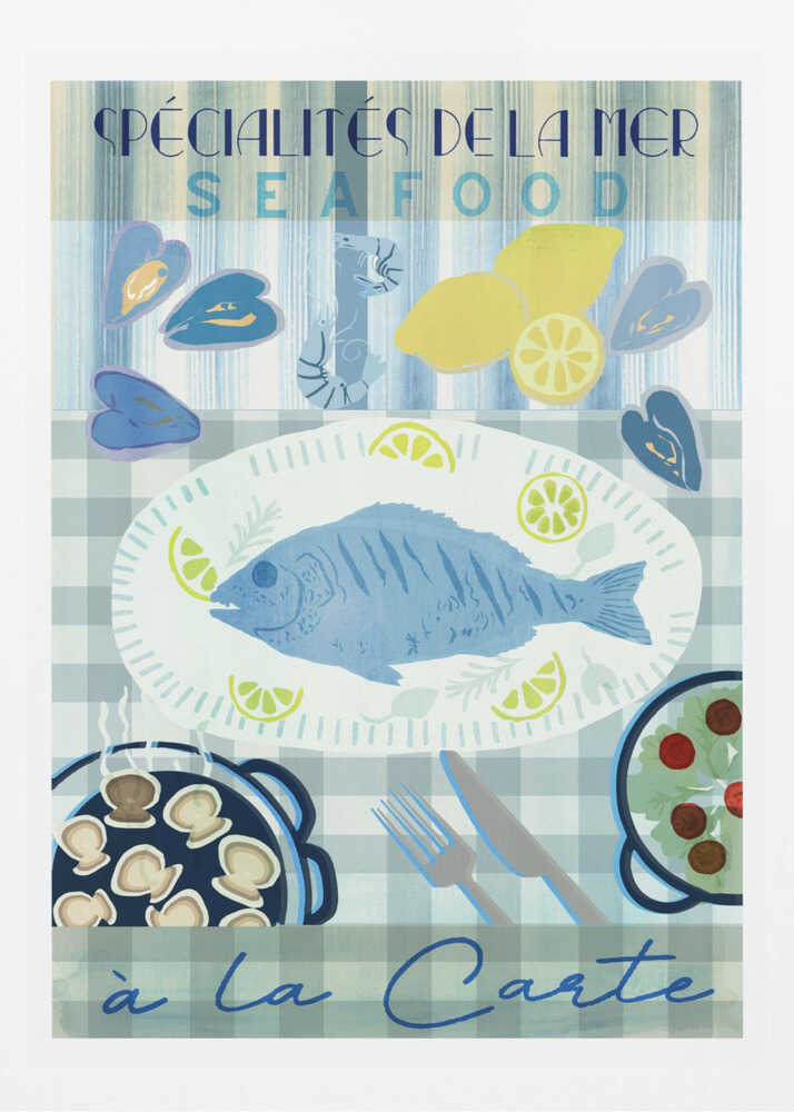 A vintage-style illustrated poster advertising seafood with French text. It features a platter with a whole blue fish and lemon slices on a blue and white checkered tablecloth, surrounded by mussels, shrimp, lemons, a pan of scallops, and a salad. Artwork