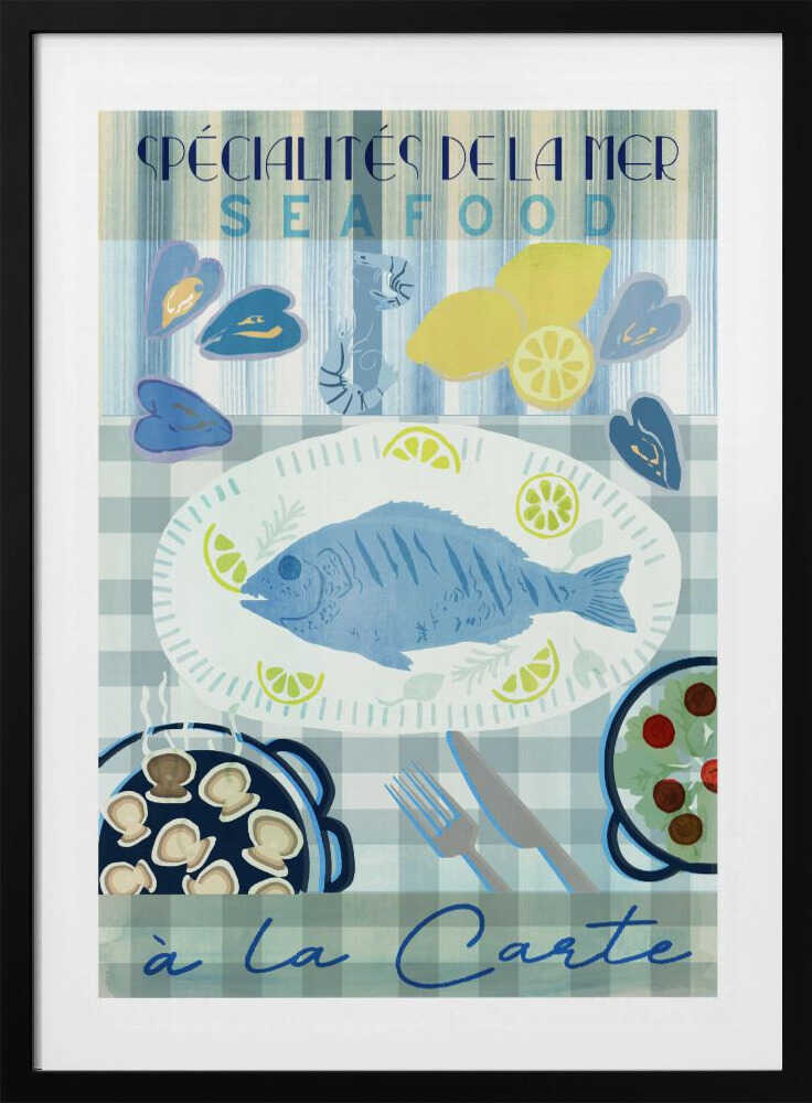 A vintage-style illustrated poster advertising seafood with French text. It features a platter with a whole blue fish and lemon slices on a blue and white checkered tablecloth, surrounded by mussels, shrimp, lemons, a pan of scallops, and a salad. Artwork