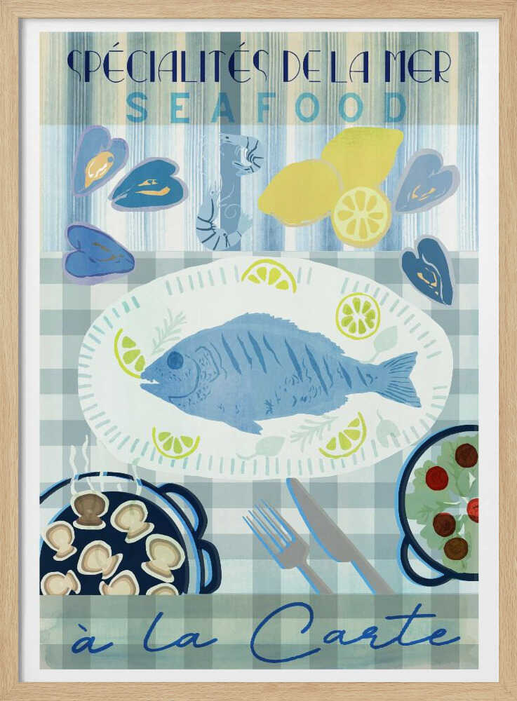A vintage-style illustrated poster advertising seafood with French text. It features a platter with a whole blue fish and lemon slices on a blue and white checkered tablecloth, surrounded by mussels, shrimp, lemons, a pan of scallops, and a salad. Artwork