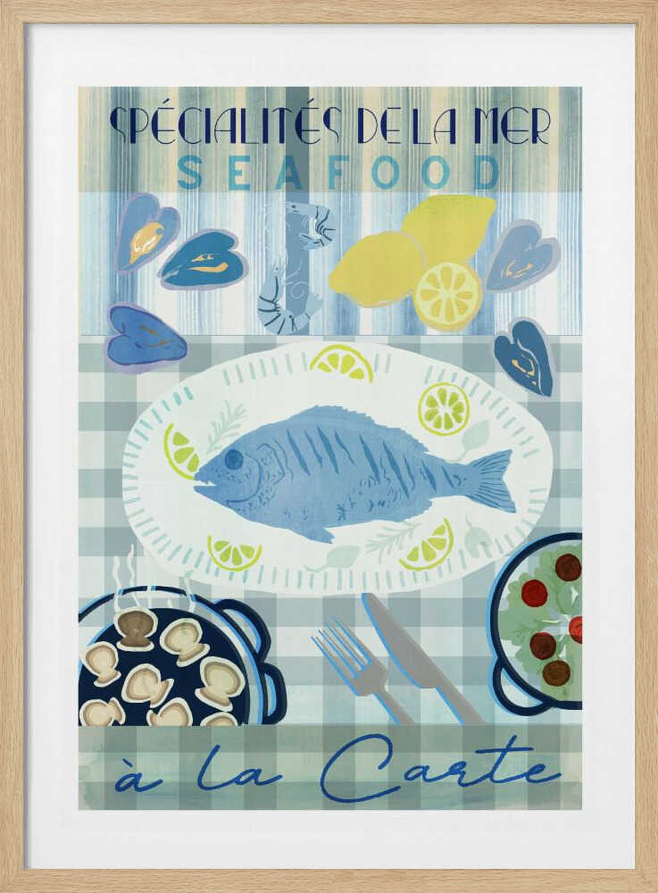 A vintage-style illustrated poster advertising seafood with French text. It features a platter with a whole blue fish and lemon slices on a blue and white checkered tablecloth, surrounded by mussels, shrimp, lemons, a pan of scallops, and a salad. Artwork