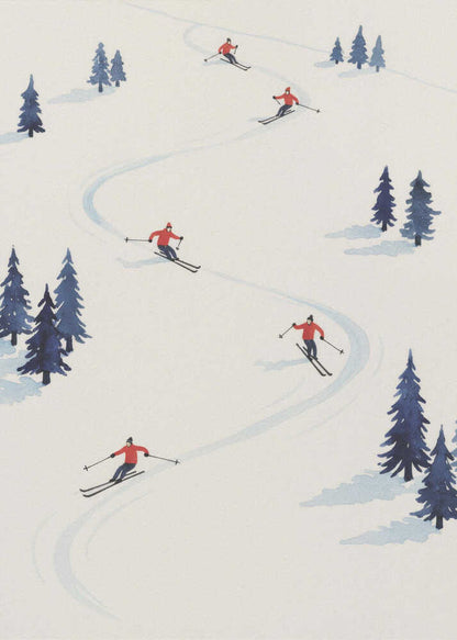 A minimalist illustration of several skiers in red jackets skiing down a wide, snow-covered slope, weaving between small clusters of blue pine trees. The scene is depicted from an overhead angle within a black frame. Artwork