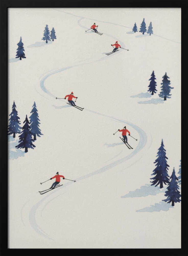 A minimalist illustration of several skiers in red jackets skiing down a wide, snow-covered slope, weaving between small clusters of blue pine trees. The scene is depicted from an overhead angle within a black frame. Artwork