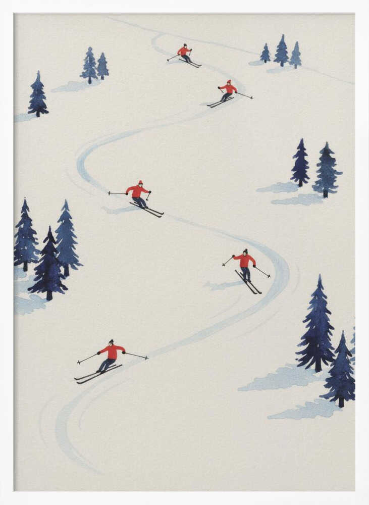 A minimalist illustration of several skiers in red jackets skiing down a wide, snow-covered slope, weaving between small clusters of blue pine trees. The scene is depicted from an overhead angle within a black frame. Artwork