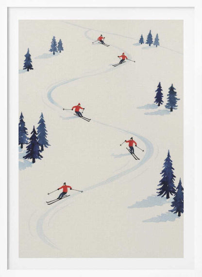A minimalist illustration of several skiers in red jackets skiing down a wide, snow-covered slope, weaving between small clusters of blue pine trees. The scene is depicted from an overhead angle within a black frame. Artwork
