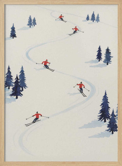 A minimalist illustration of several skiers in red jackets skiing down a wide, snow-covered slope, weaving between small clusters of blue pine trees. The scene is depicted from an overhead angle within a black frame. Artwork