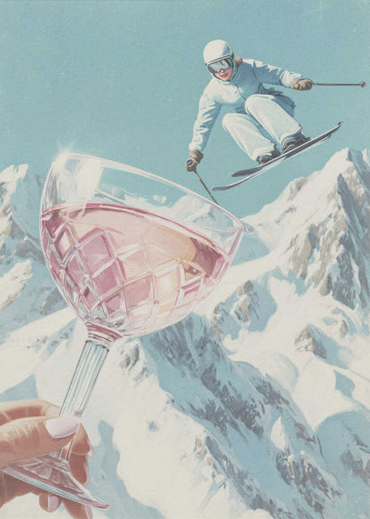 A vintage-style collage of a skier in a white snowsuit jumping mid-air over a large crystal glass of rosé wine held up in the foreground, with snowy mountains in the background under a pale blue sky. Print