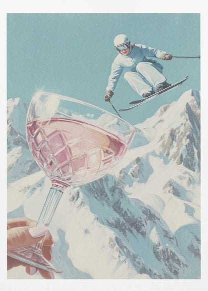 A vintage-style collage of a skier in a white snowsuit jumping mid-air over a large crystal glass of rosé wine held up in the foreground, with snowy mountains in the background under a pale blue sky. Print