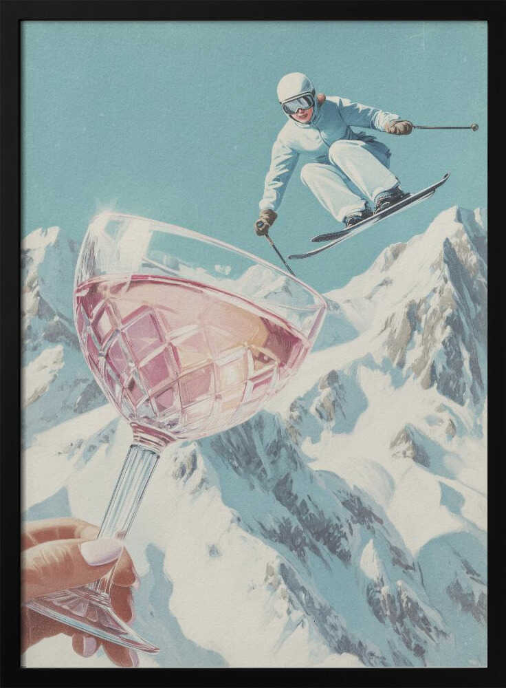 A vintage-style collage of a skier in a white snowsuit jumping mid-air over a large crystal glass of rosé wine held up in the foreground, with snowy mountains in the background under a pale blue sky. Print