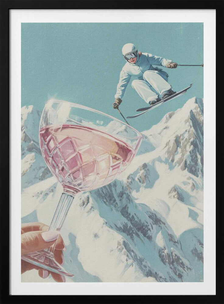 A vintage-style collage of a skier in a white snowsuit jumping mid-air over a large crystal glass of rosé wine held up in the foreground, with snowy mountains in the background under a pale blue sky. Print