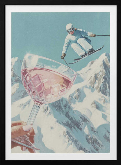 A vintage-style collage of a skier in a white snowsuit jumping mid-air over a large crystal glass of rosé wine held up in the foreground, with snowy mountains in the background under a pale blue sky. Print