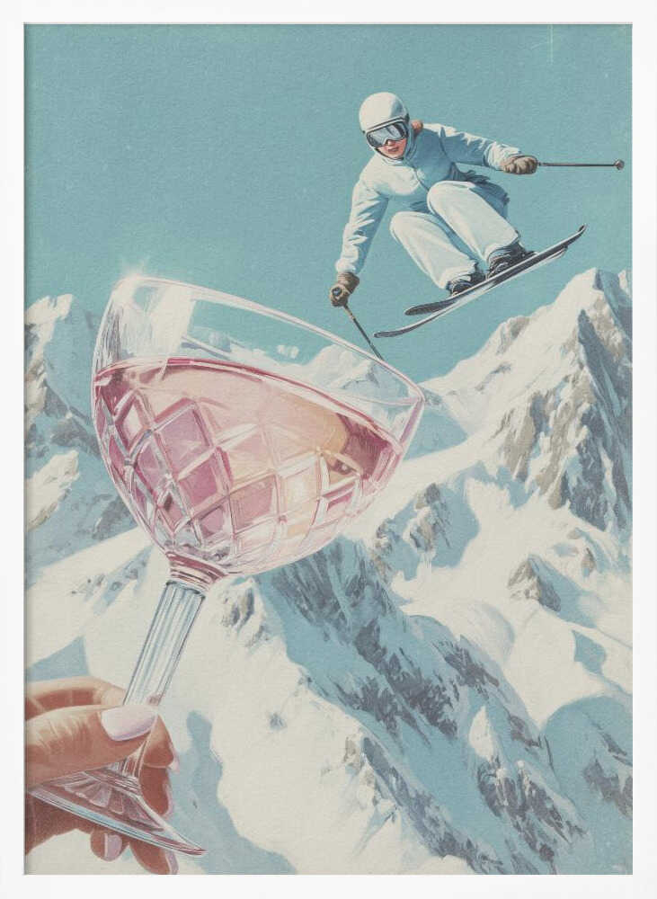 A vintage-style collage of a skier in a white snowsuit jumping mid-air over a large crystal glass of rosé wine held up in the foreground, with snowy mountains in the background under a pale blue sky. Print