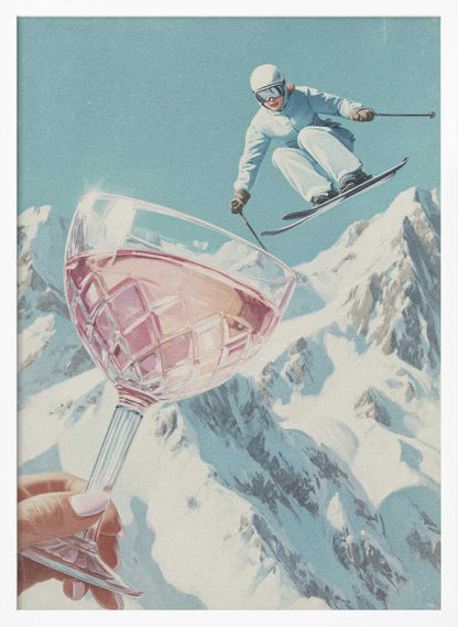 A vintage-style collage of a skier in a white snowsuit jumping mid-air over a large crystal glass of rosé wine held up in the foreground, with snowy mountains in the background under a pale blue sky. Print