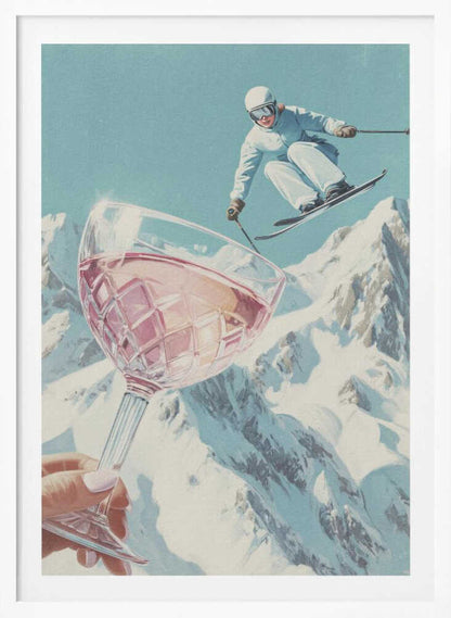 A vintage-style collage of a skier in a white snowsuit jumping mid-air over a large crystal glass of rosé wine held up in the foreground, with snowy mountains in the background under a pale blue sky. Print