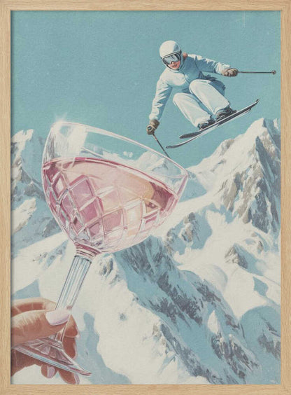 A vintage-style collage of a skier in a white snowsuit jumping mid-air over a large crystal glass of rosé wine held up in the foreground, with snowy mountains in the background under a pale blue sky. Print