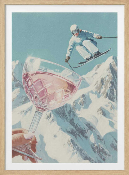 A vintage-style collage of a skier in a white snowsuit jumping mid-air over a large crystal glass of rosé wine held up in the foreground, with snowy mountains in the background under a pale blue sky. Print