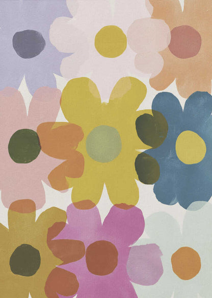 A colorful abstract painting of overlapping, stylized flowers in shades of yellow, blue, pink, orange, and purple. The simple, rounded flower shapes are semi-transparent, creating new colors where they overlap against a light background, all within a thin black frame. Decor