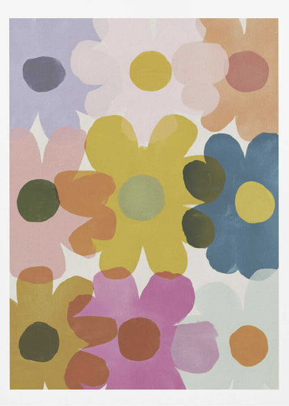 A colorful abstract painting of overlapping, stylized flowers in shades of yellow, blue, pink, orange, and purple. The simple, rounded flower shapes are semi-transparent, creating new colors where they overlap against a light background, all within a thin black frame. Decor