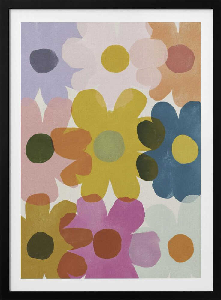 A colorful abstract painting of overlapping, stylized flowers in shades of yellow, blue, pink, orange, and purple. The simple, rounded flower shapes are semi-transparent, creating new colors where they overlap against a light background, all within a thin black frame. Decor