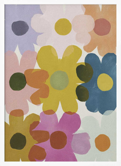 A colorful abstract painting of overlapping, stylized flowers in shades of yellow, blue, pink, orange, and purple. The simple, rounded flower shapes are semi-transparent, creating new colors where they overlap against a light background, all within a thin black frame. Decor