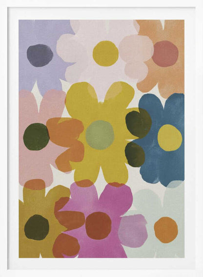 A colorful abstract painting of overlapping, stylized flowers in shades of yellow, blue, pink, orange, and purple. The simple, rounded flower shapes are semi-transparent, creating new colors where they overlap against a light background, all within a thin black frame. Decor