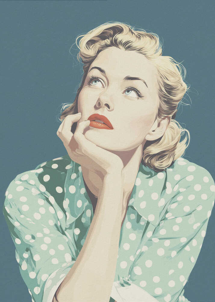 A vintage-style illustration of a blonde woman with red lipstick, wearing a green and white polka dot shirt. She is looking up thoughtfully with her chin resting on her hand against a solid teal blue background. Print