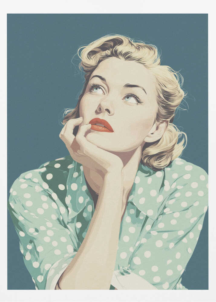 A vintage-style illustration of a blonde woman with red lipstick, wearing a green and white polka dot shirt. She is looking up thoughtfully with her chin resting on her hand against a solid teal blue background. Print