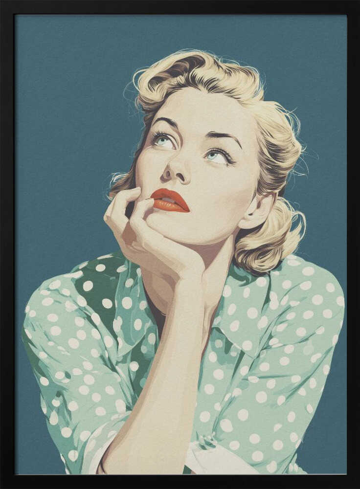 A vintage-style illustration of a blonde woman with red lipstick, wearing a green and white polka dot shirt. She is looking up thoughtfully with her chin resting on her hand against a solid teal blue background. Print