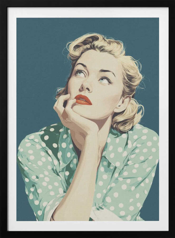 A vintage-style illustration of a blonde woman with red lipstick, wearing a green and white polka dot shirt. She is looking up thoughtfully with her chin resting on her hand against a solid teal blue background. Print