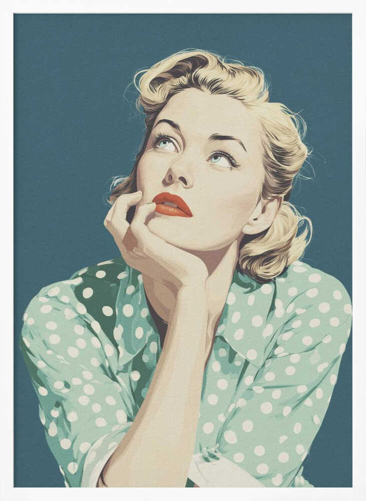 A vintage-style illustration of a blonde woman with red lipstick, wearing a green and white polka dot shirt. She is looking up thoughtfully with her chin resting on her hand against a solid teal blue background. Print